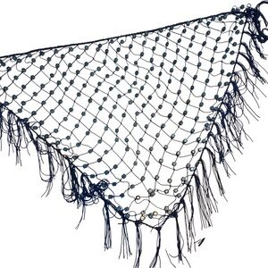 One black crochet net shawl or hip scarf with fringes and beads